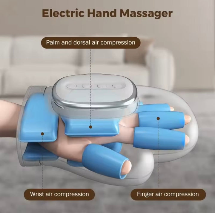 Rechargeable hand massager for palm massage, wrist relief, and relaxation, utilizing heat and air compression.