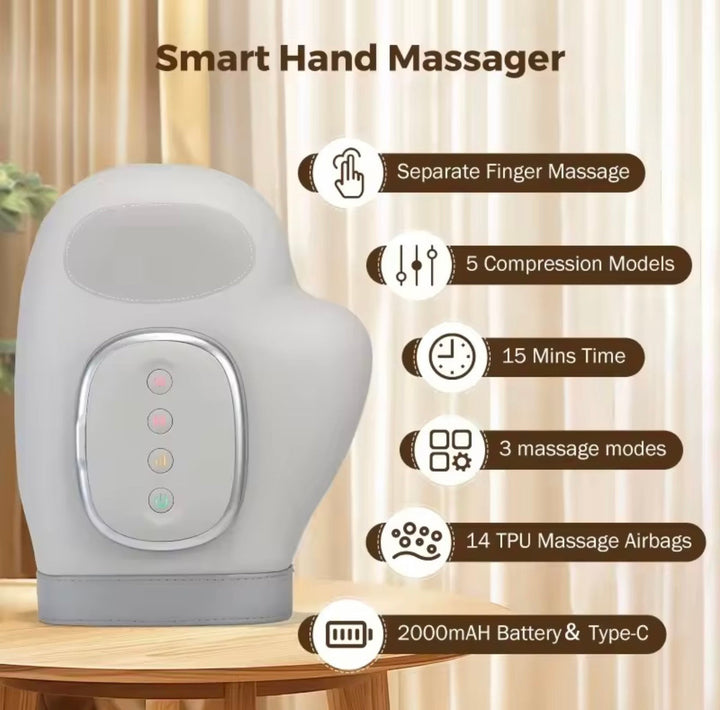 Portable hand massager for comprehensive hand therapy, combining heat function and gentle air compression.