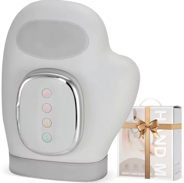 Modern design rechargeable hand massager with heat and air compression for daily stress and pain management.