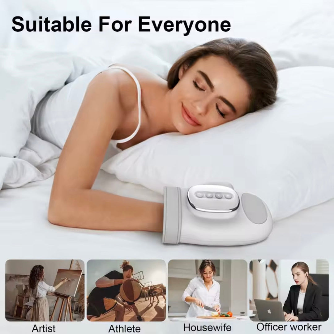 Therapeutic hand massager, ergonomic and rechargeable, delivers deep tissue relief with heat & air compression.