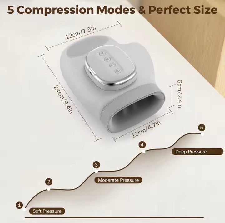 Sleek hand massager with heat & air compression, designed for relaxation, wrist relief, and general hand health.