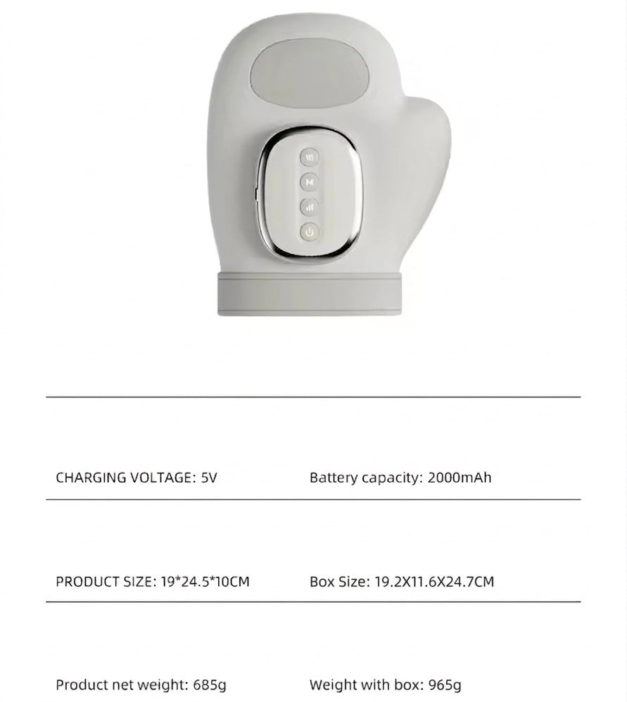 Home spa hand massager, rechargeable with customizable heat and air compression settings for ultimate comfort.