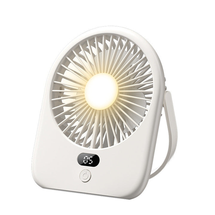 Rechargeable LED desk fan with digital display, providing portable personal cooling for home, office, or travel.