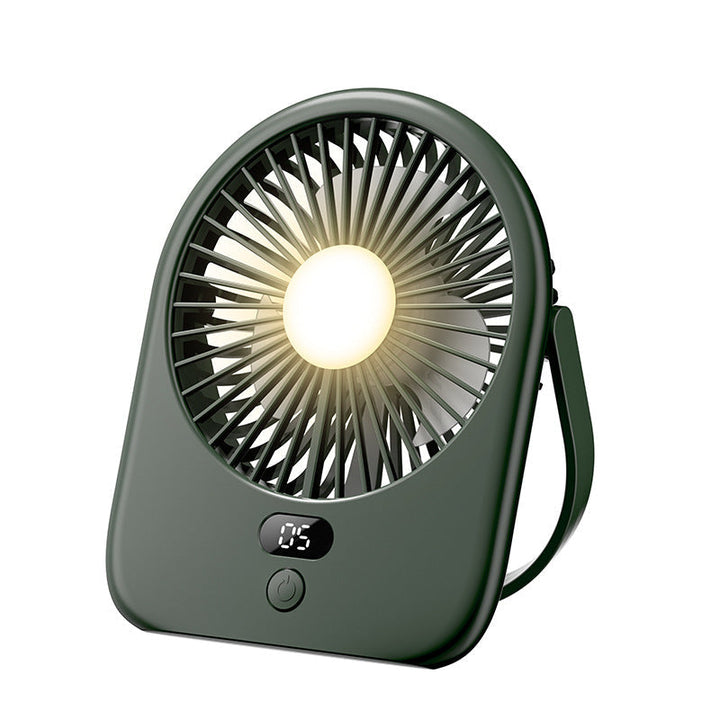 Unisex rechargeable desktop fan featuring LED light & digital display for precise, quiet home or office cooling.
