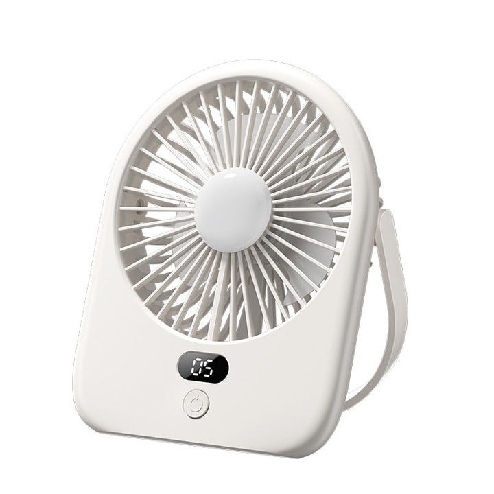 Compact USB rechargeable desk fan with LED light & digital display, ideal for personal cooling at your workspace.