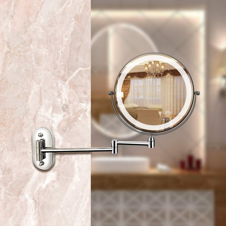 Women's LED cosmetic mirror with adjustable light settings & rechargeable battery, ideal for detailed makeup.