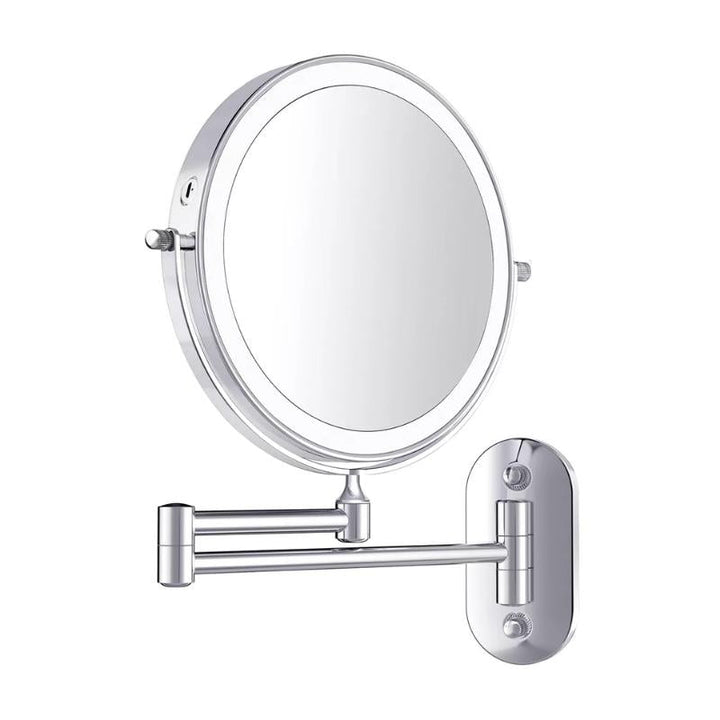 Sleek women's vanity mirror with bright LED light & magnification, featuring adjustable illumination for beauty.