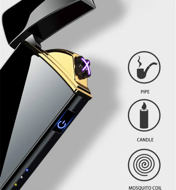 Sleek black flameless electric lighter, USB rechargeable & windproof. Perfect for outdoor gear.