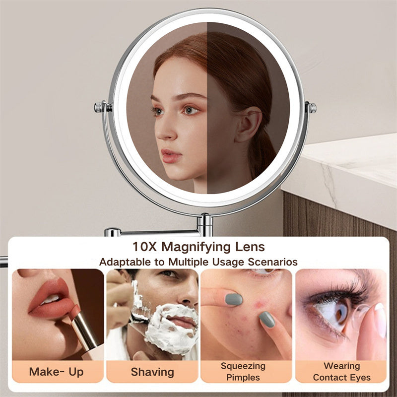 Bright LED bathroom mirror, 10X magnified, wall mounted & rechargeable for clear shaving.