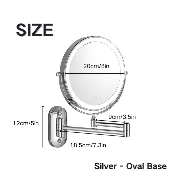 Modern wall mounted magnifying mirror, 10X zoom, with integrated LED lighting.