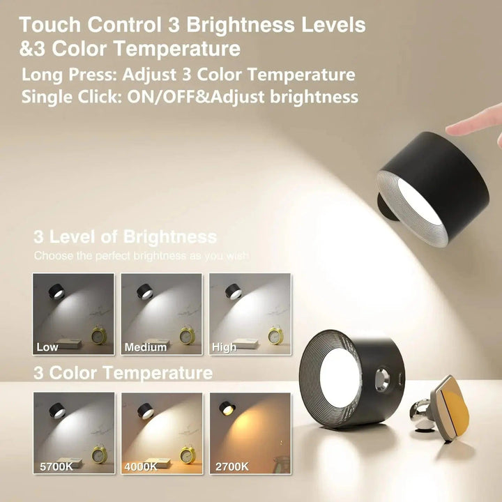 Easy-install wireless LED wall light, magnetic, rechargeable & adjustable for any space.