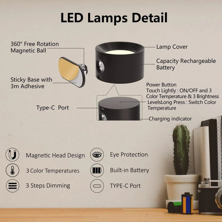 Long-lasting battery wireless lamp, rechargeable LED, adjustable, dependable cordless light.