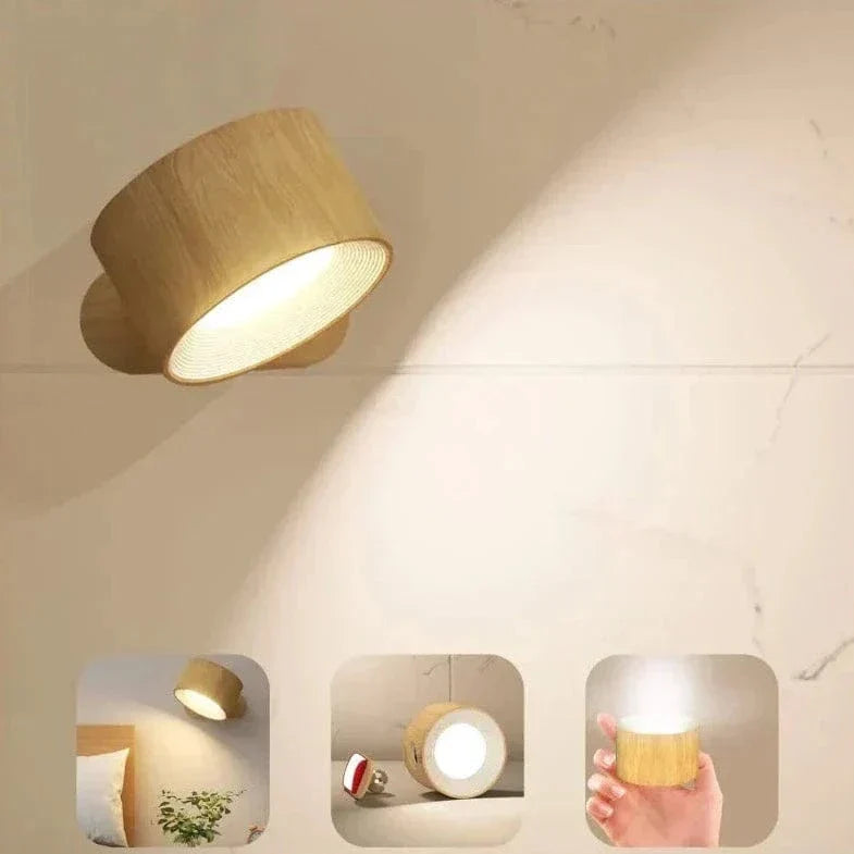 Battery operated LED wall light, wireless, rechargeable, with adjustable beam for task/mood.