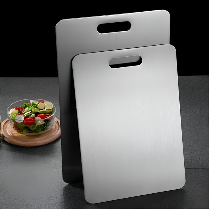 Rectangular titanium cutting board for professional kitchens. Hygienic & durable food prep surface.
