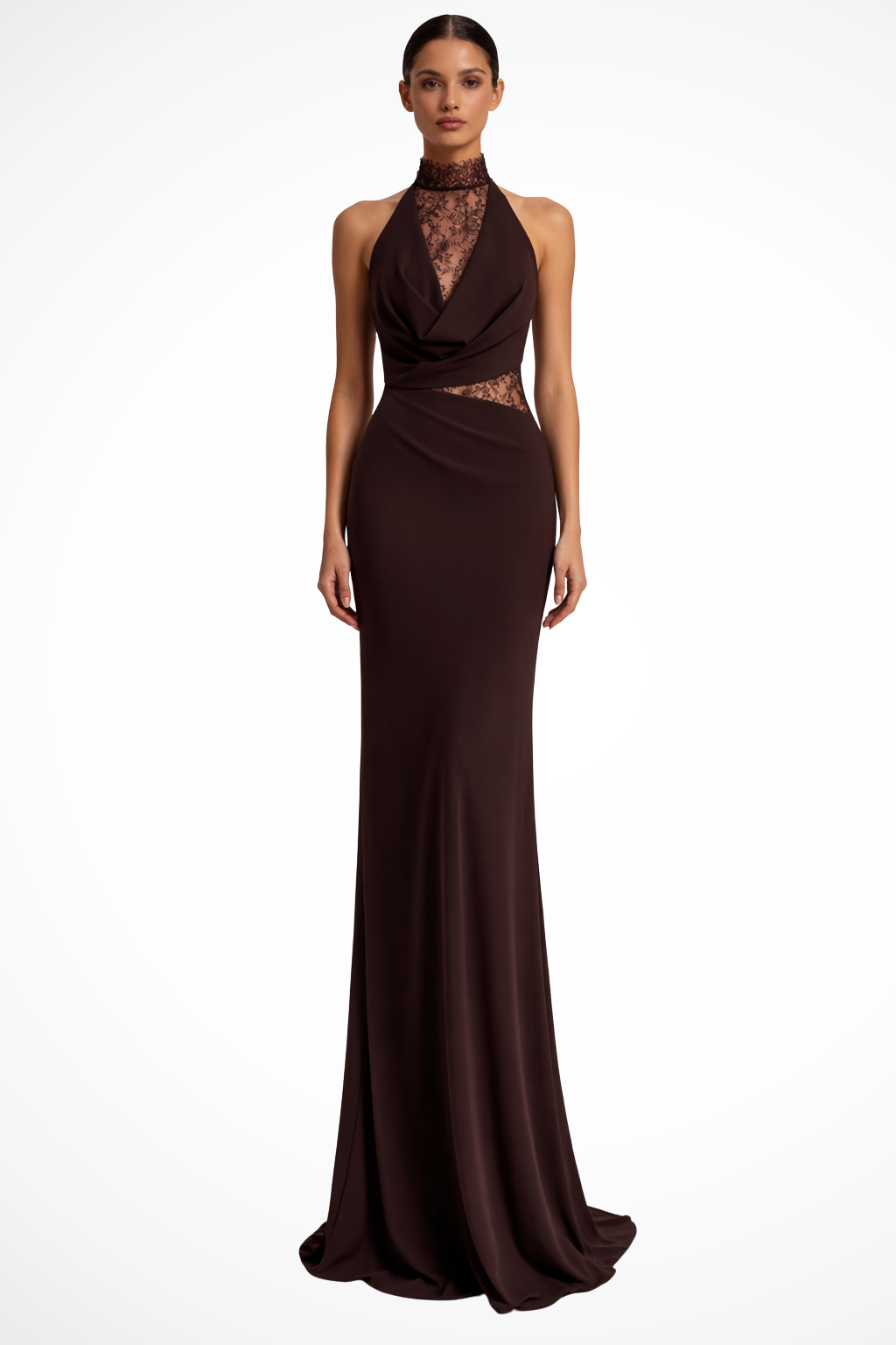 Red brown halter neck maxi dress with lace panels, perfect for wedding guests & formal occasions. Elegant women's fashion.