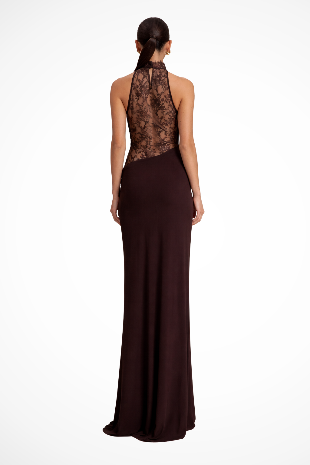 Elegant sleeveless maxi dress for women, featuring a chic halter neck and intricate lace panel details. Ideal for events.