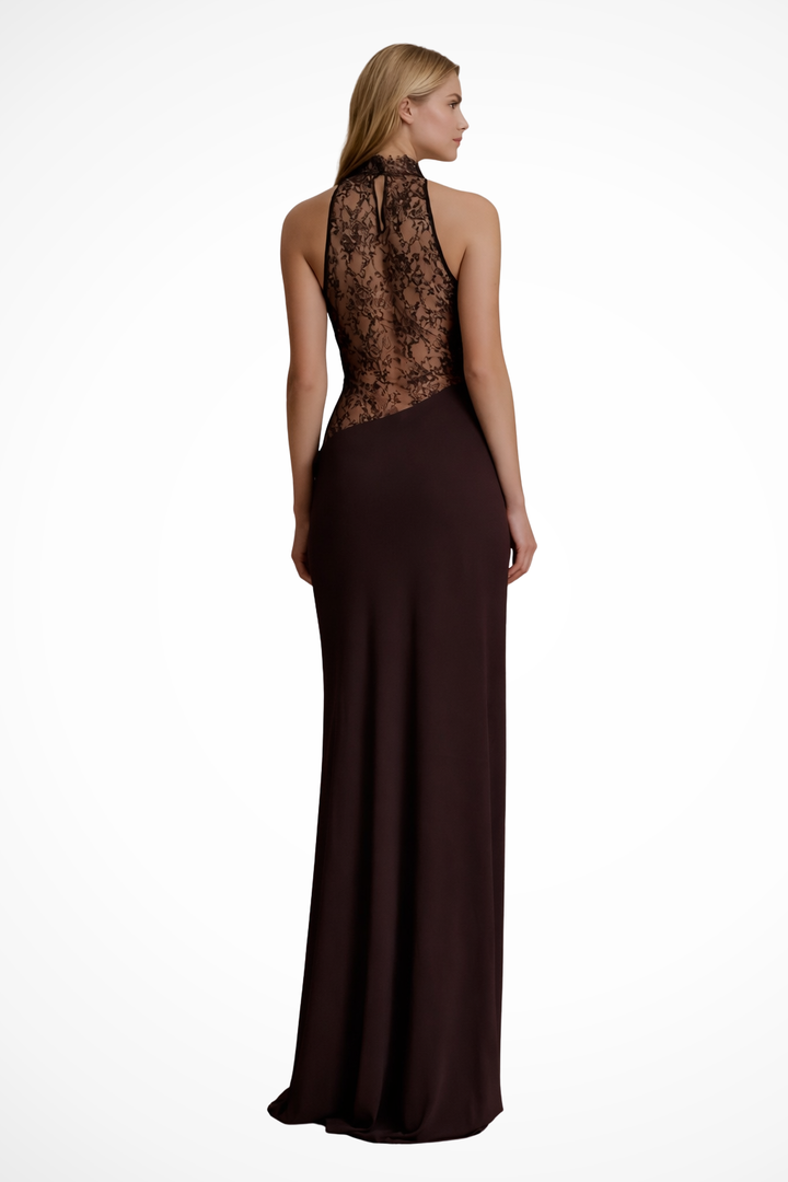 Stylish red brown sleeveless halter neck maxi dress with beautiful lace panels, perfect for special occasion evenings.