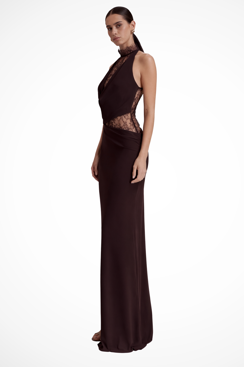Gorgeous red brown lace panel halter neck maxi dress, a stunning sleeveless formal evening gown for women's events.