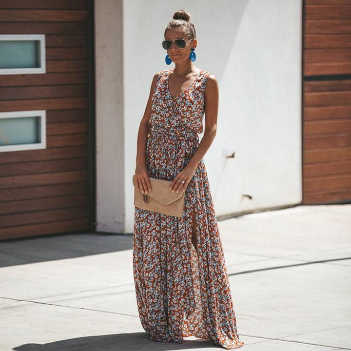 Red floral V-neck sleeveless maxi dress for women, perfect for summer holidays & elegant casual wear.