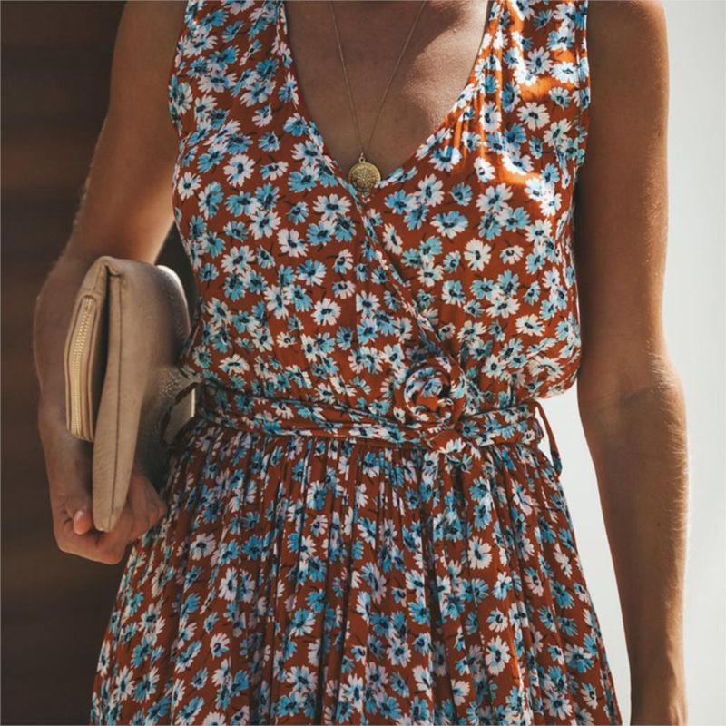 Women's Ibiza floral V-neck sleeveless maxi dress in red, a comfortable and stylish tiered summer holiday dress.