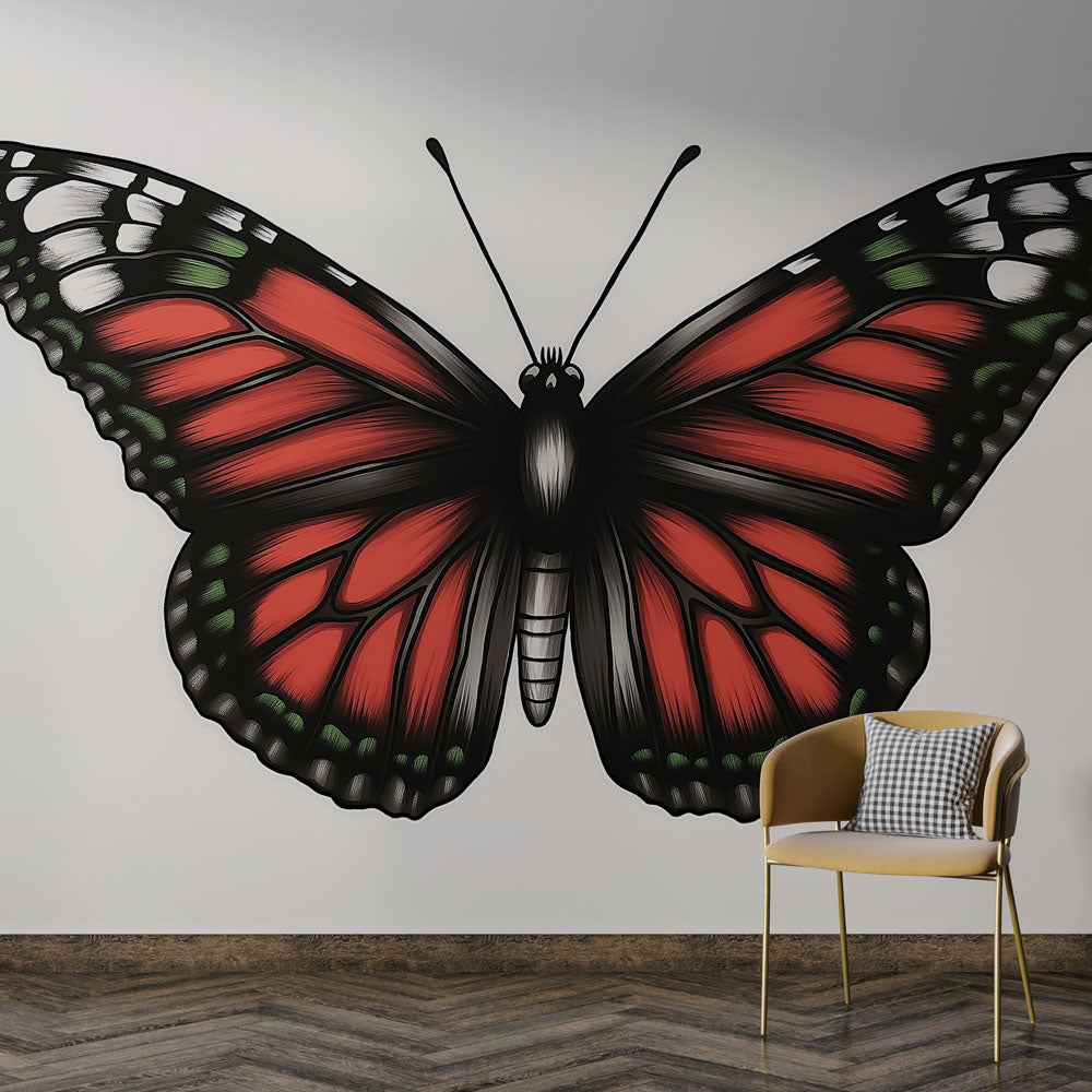 Red Monarch Butterfly Wall Mural, peel and stick removable wallpaper, nature art home decor.