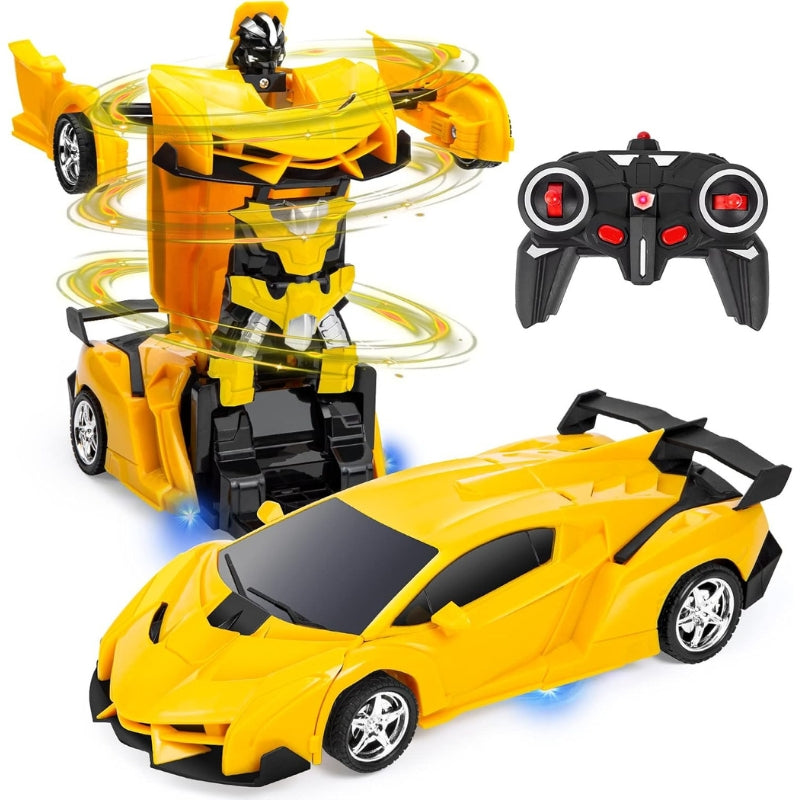 Red RC transforming robot car toy for boys, ready for high-speed remote control racing and endless playtime fun.