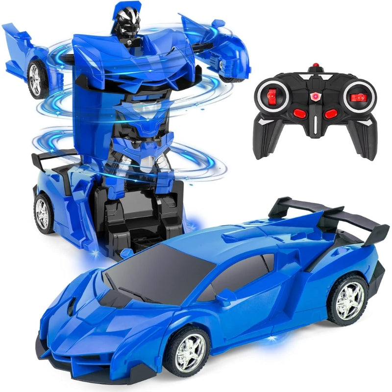 Exciting 2-in-1 RC transforming robot car toy, shown mid-transformation from vehicle to cool robot action figure.