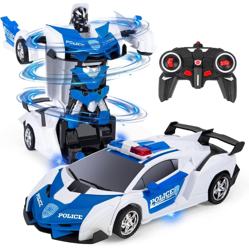 Boy playing with remote control transforming robot car toy, showcasing its RC function and exciting robot mode.