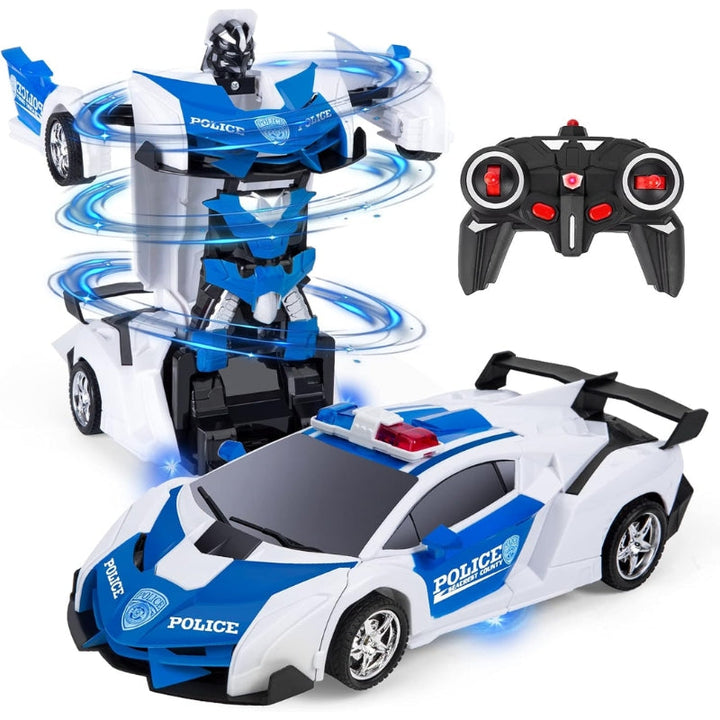 Boy playing with remote control transforming robot car toy, showcasing its RC function and exciting robot mode.