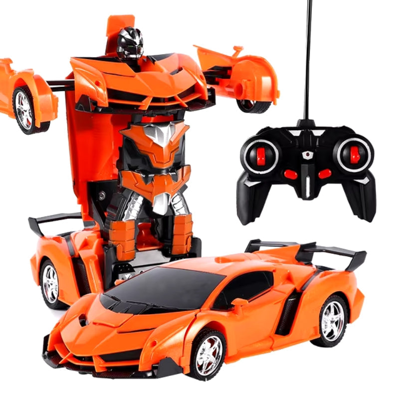 Fun RC transforming robot car toy, a perfect kids' gift, shown as both a sleek car and an imposing robot.