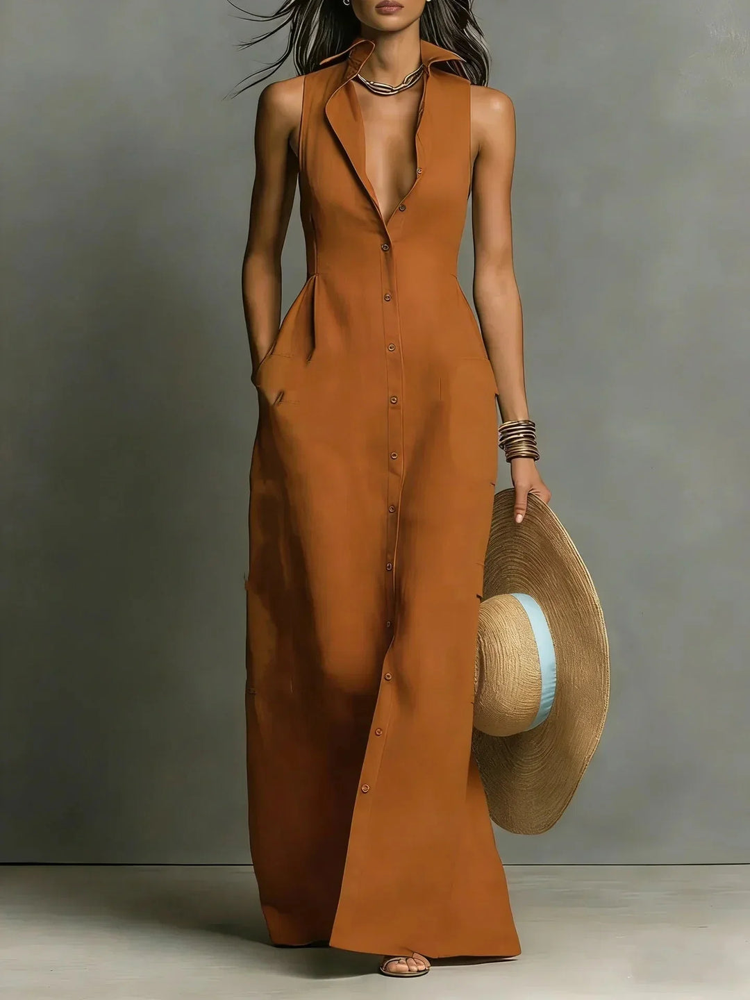 Vibrant red women's sleeveless maxi dress, perfect for summer, featuring a collared V-neck and pockets.
