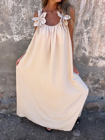 Elegant Bow Strap U-Neck Maxi Dress in a flowing fit, great for summer style & comfort.