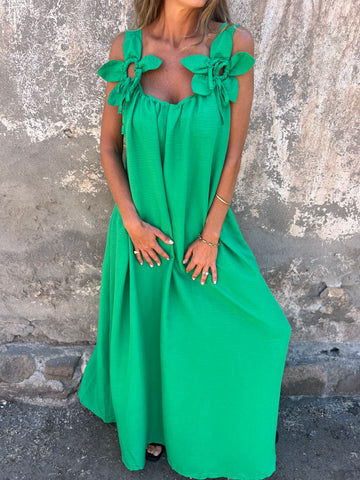 Special occasion women's maxi dress with U-neck, bow straps, and elegant flowing style.
