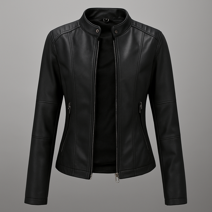 Red women's fitted moto jacket for spring street style. Chic, lightweight fashion outerwear.