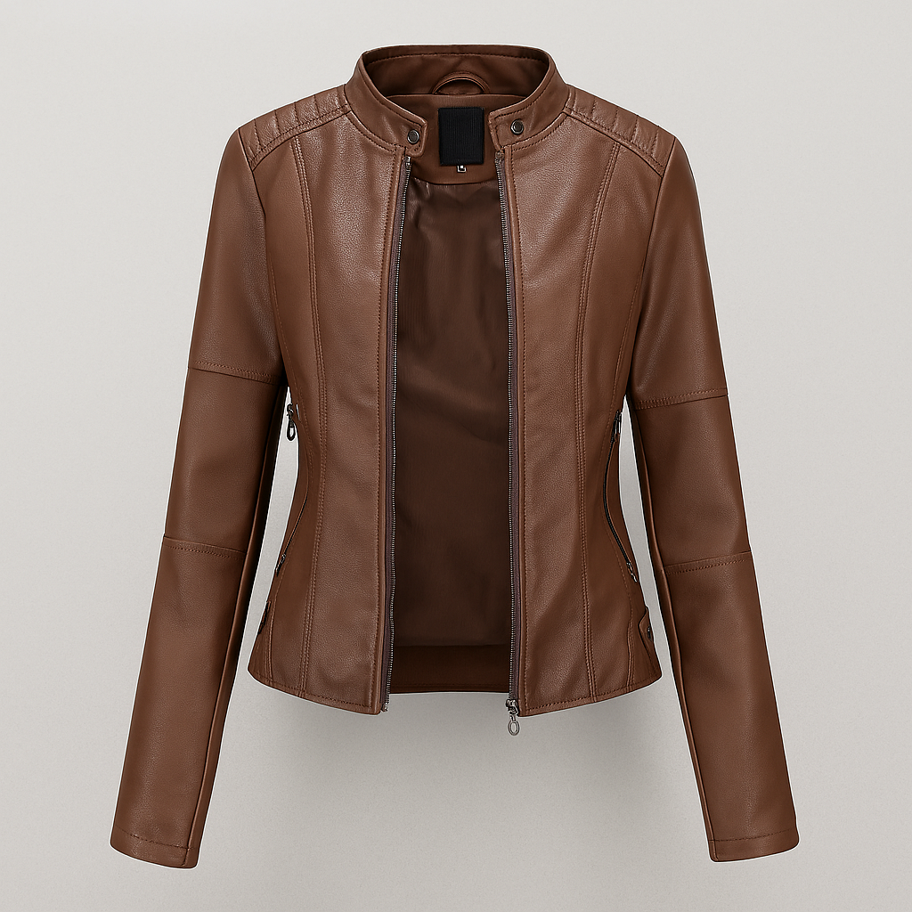 Cropped red women's fitted moto jacket. Versatile for autumn and spring fashion, perfect for street style.