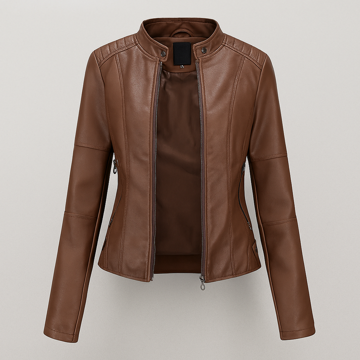 Cropped red women's fitted moto jacket. Versatile for autumn and spring fashion, perfect for street style.