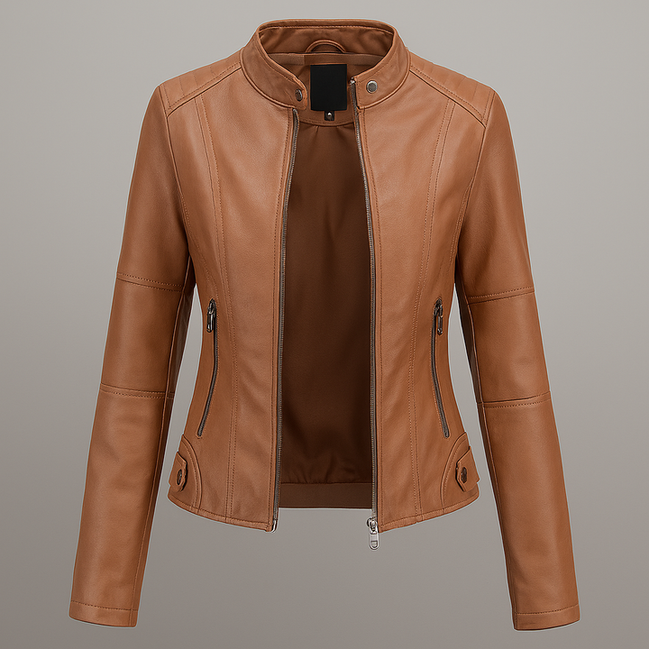 Stylish red women's fitted moto jacket. Lightweight fashion outerwear for a chic street style look.