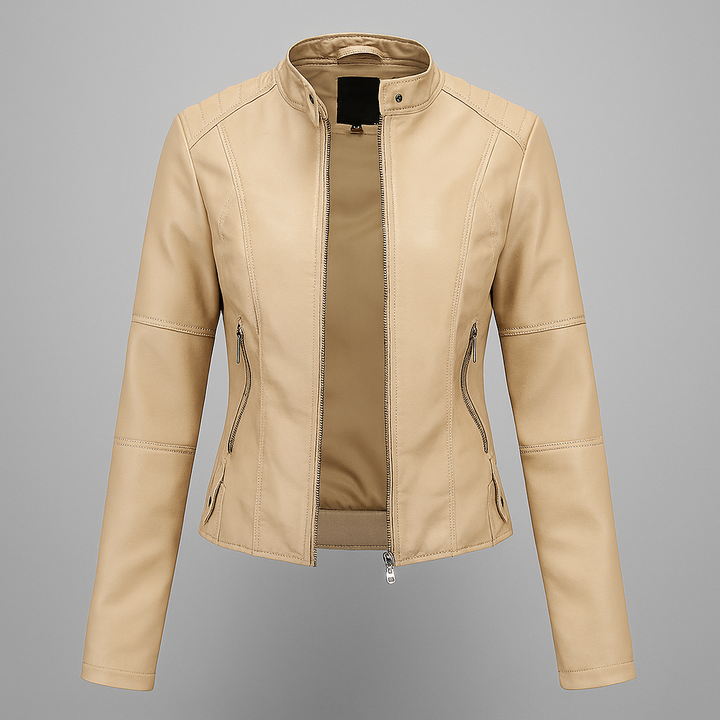 Vibrant red fitted moto jacket for women. Chic and versatile, perfect lightweight outerwear for spring/autumn.