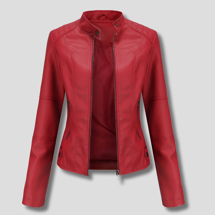 Trendy women's fitted red moto jacket. Ideal lightweight outerwear for a fashionable street style statement.