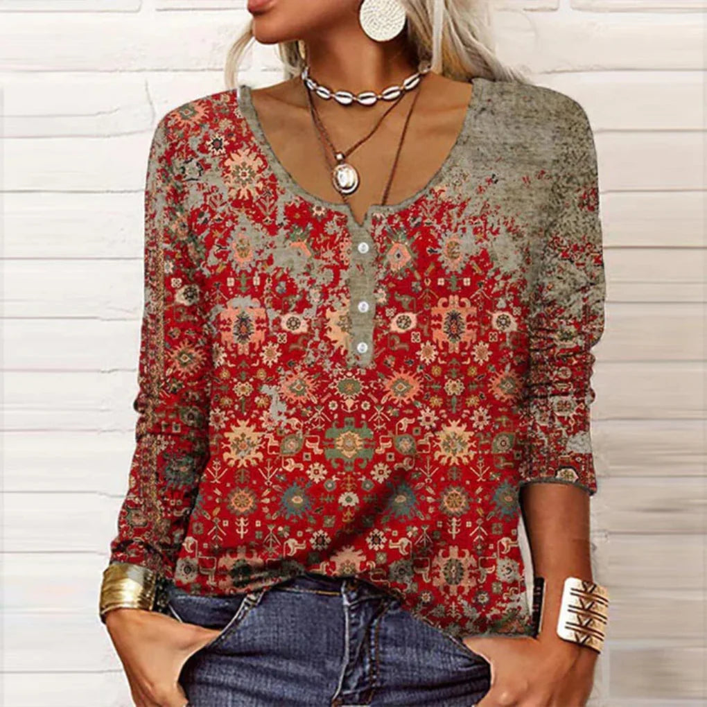 Reddish brown women's elegant long-sleeve top with button front, perfect for polished office wear or sophisticated dinner.