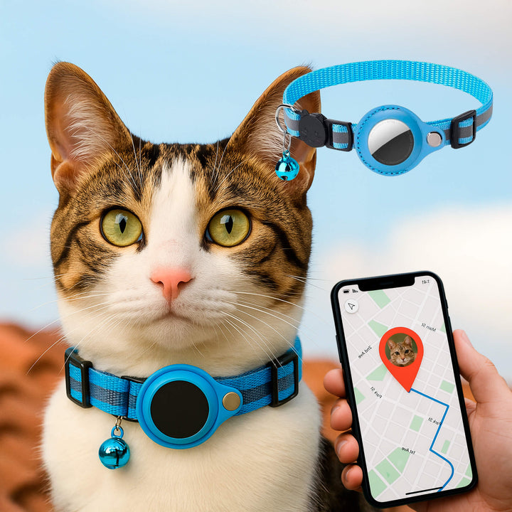 Quick release reflective cat collar for GPS tracking, maximum pet safety.