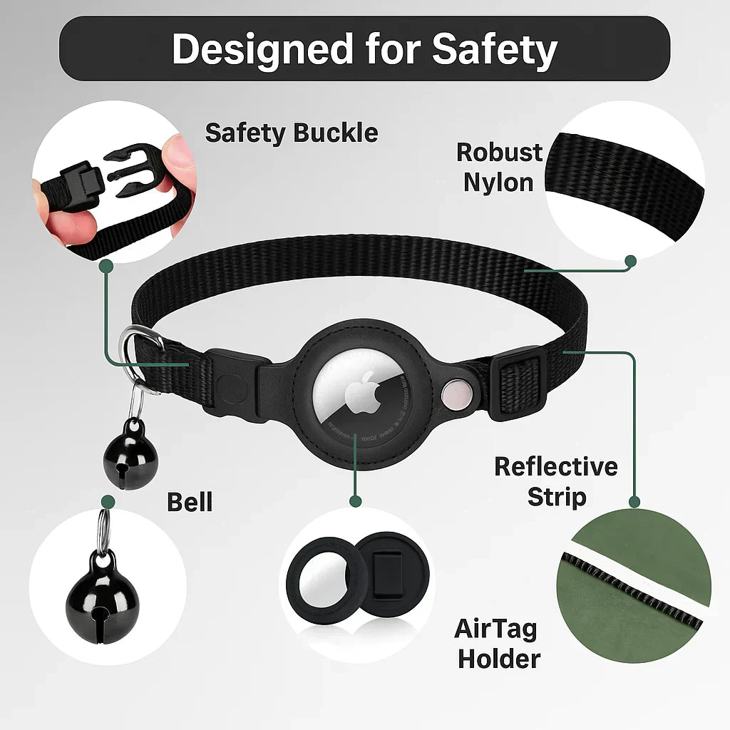 Reflective quick-release cat collar, designed for GPS trackers & pet safety.