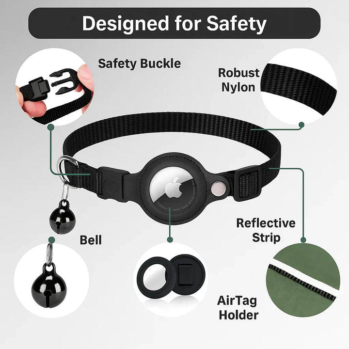 Reflective quick-release cat collar, designed for GPS trackers & pet safety.