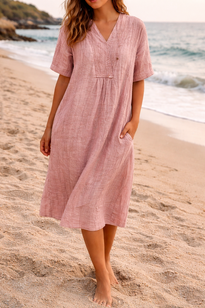 Relaxed V-neck midi dress for women, offering effortless style & comfortable, flowy everyday wear.