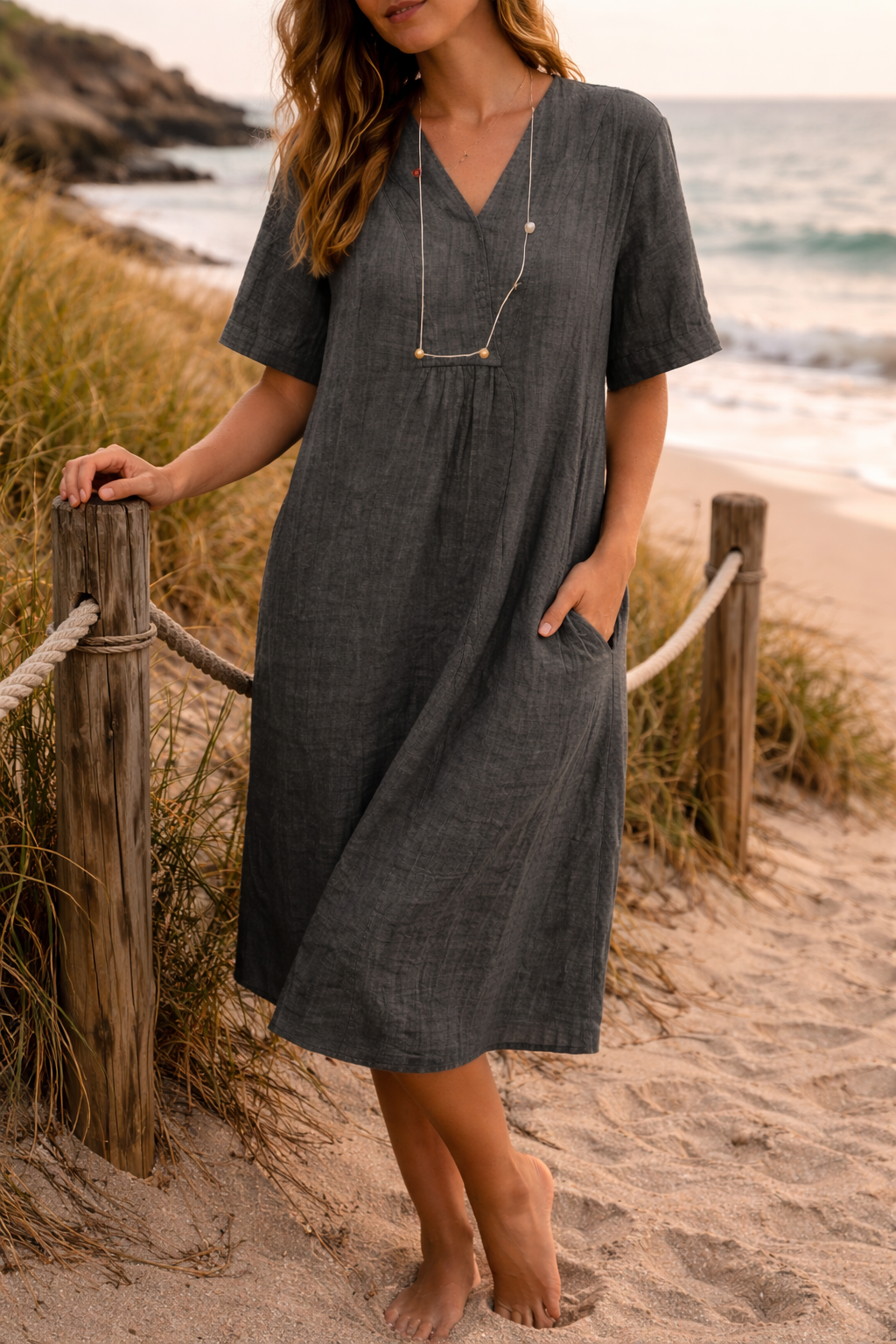 Elegant women's V-neck midi dress with a relaxed, flowy design. Features convenient pockets for versatile comfort.