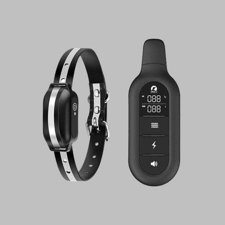 Remote electric dog training collar with waterproof receiver and handheld remote for effective pet obedience training.