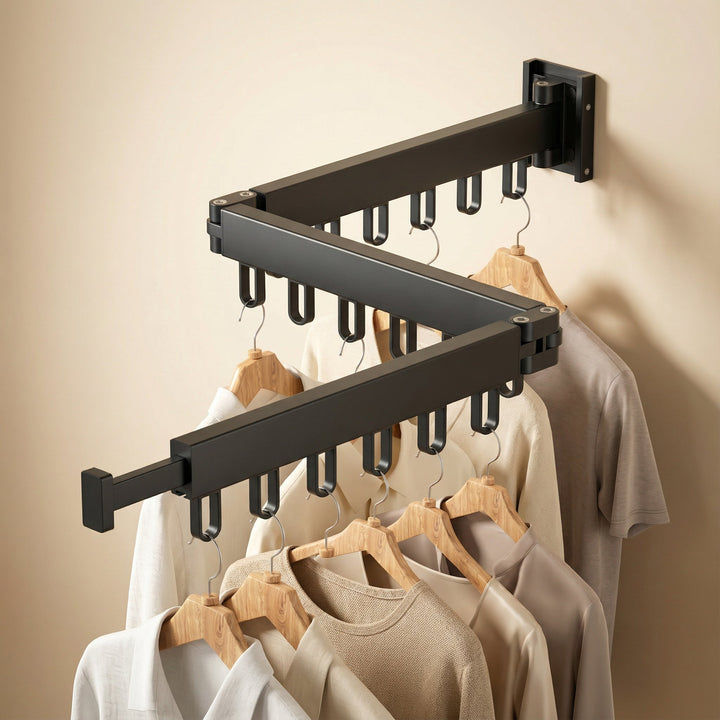 Retractable wall-mounted clothes drying rack for space-saving laundry & home organization.