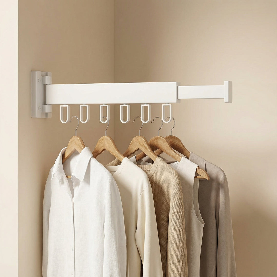 Modern retractable wall drying rack, smart home organization for clothes & laundry efficiency.