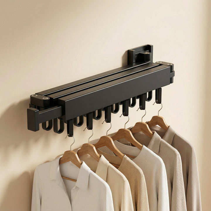 Sturdy retractable wall clothes dryer, durable design for heavy laundry loads & home organization.