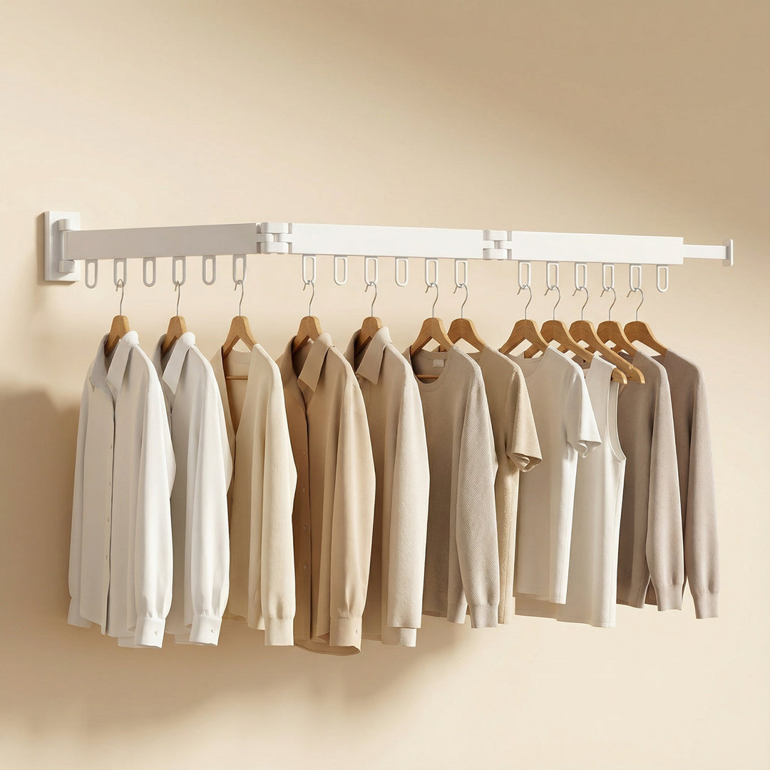 Space-saving retractable wall dryer for clothes & towels, essential for organized laundry rooms.